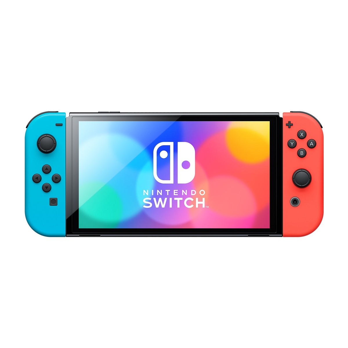 Nintendo Switch - OLED Model with Neon Red & Neon Blue Joy-Con, front view on a white background