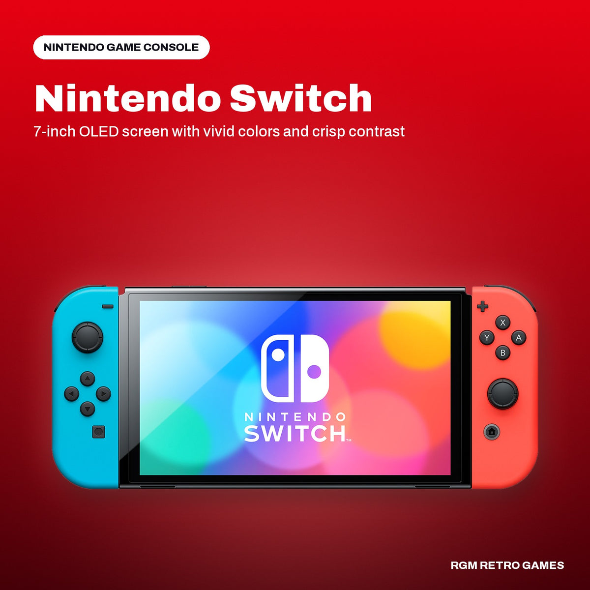 Nintendo Switch - OLED Model with Neon Red & Neon Blue Joy-Con in a Nintendo color scene