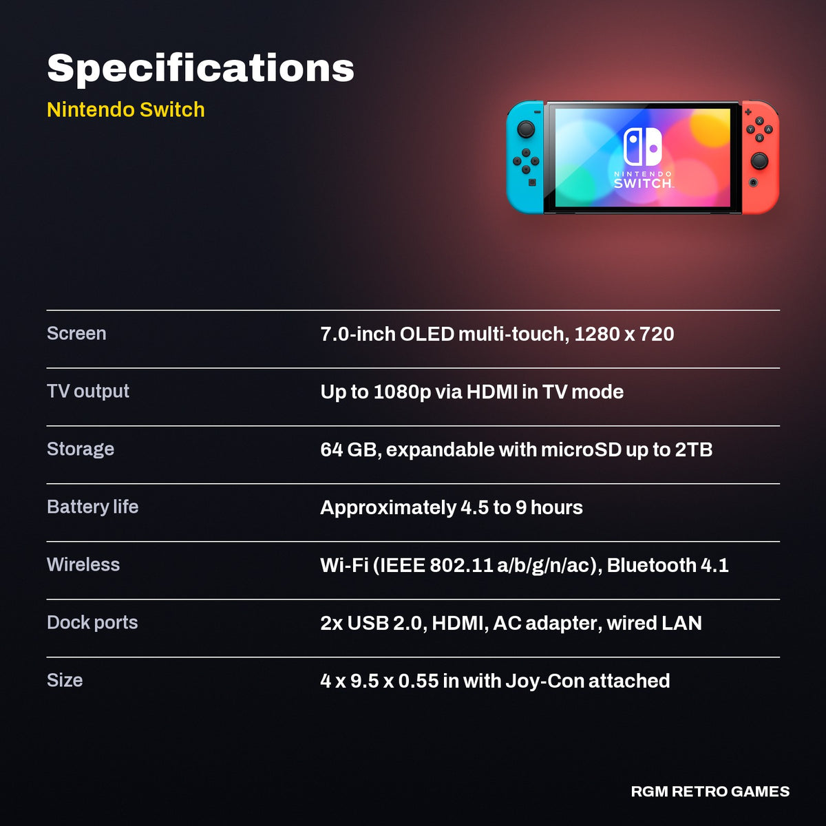 Nintendo Switch - OLED Model with Neon Red & Neon Blue Joy-Con specifications