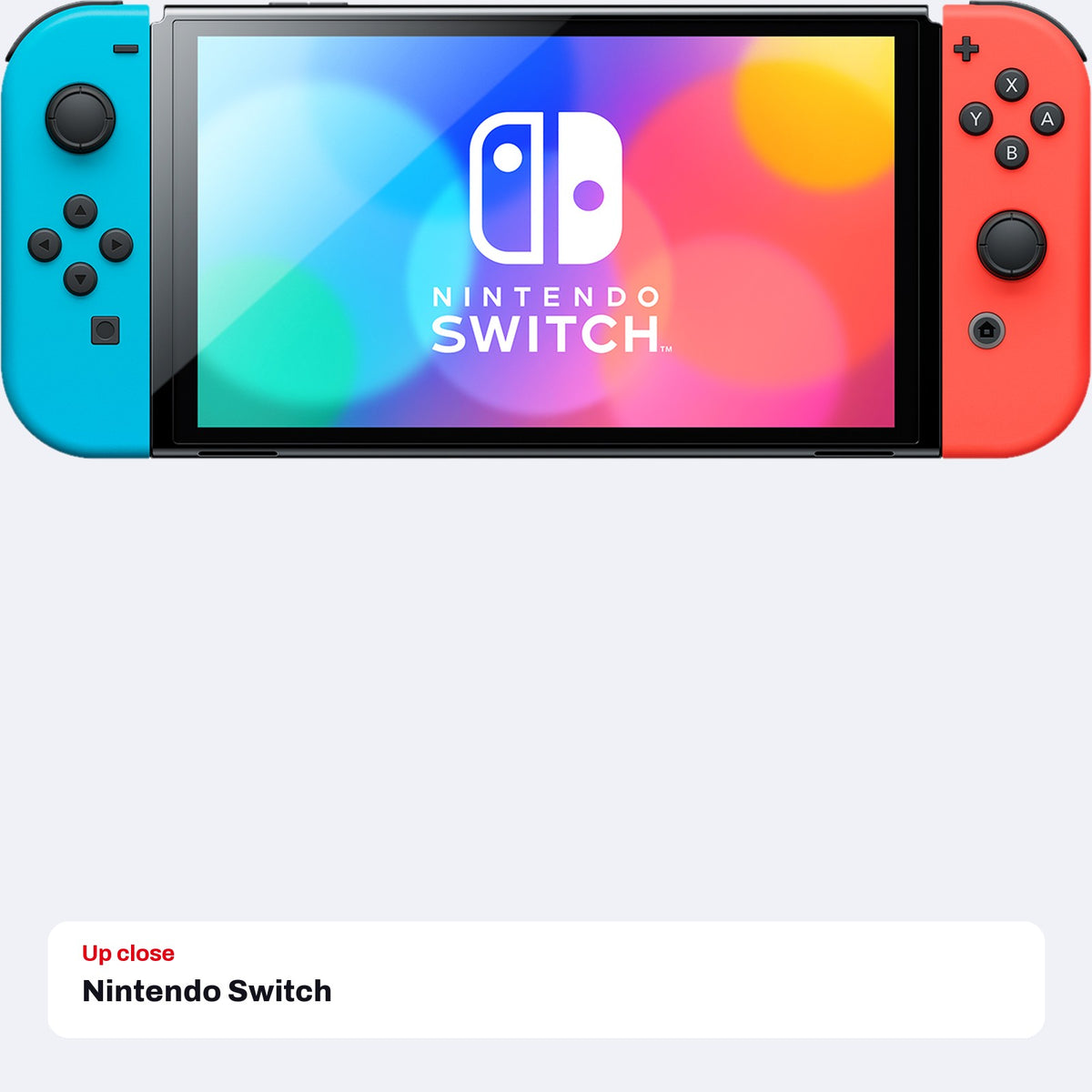 Nintendo Switch - OLED Model with Neon Red & Neon Blue Joy-Con, close-up detail