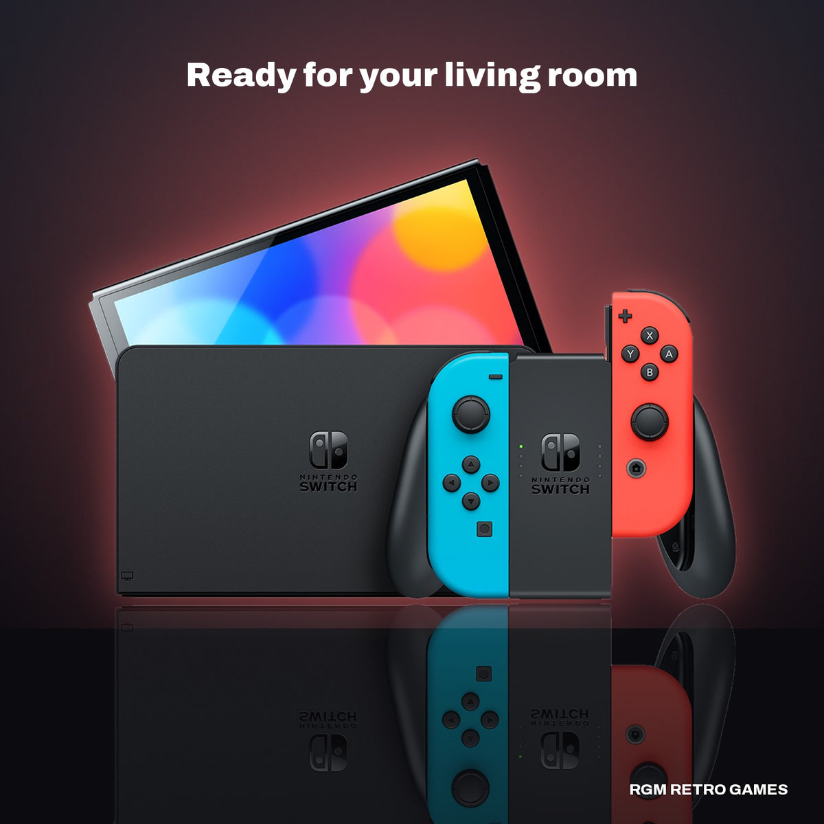 Nintendo Switch - OLED Model with Neon Red & Neon Blue Joy-Con in a dark studio setting