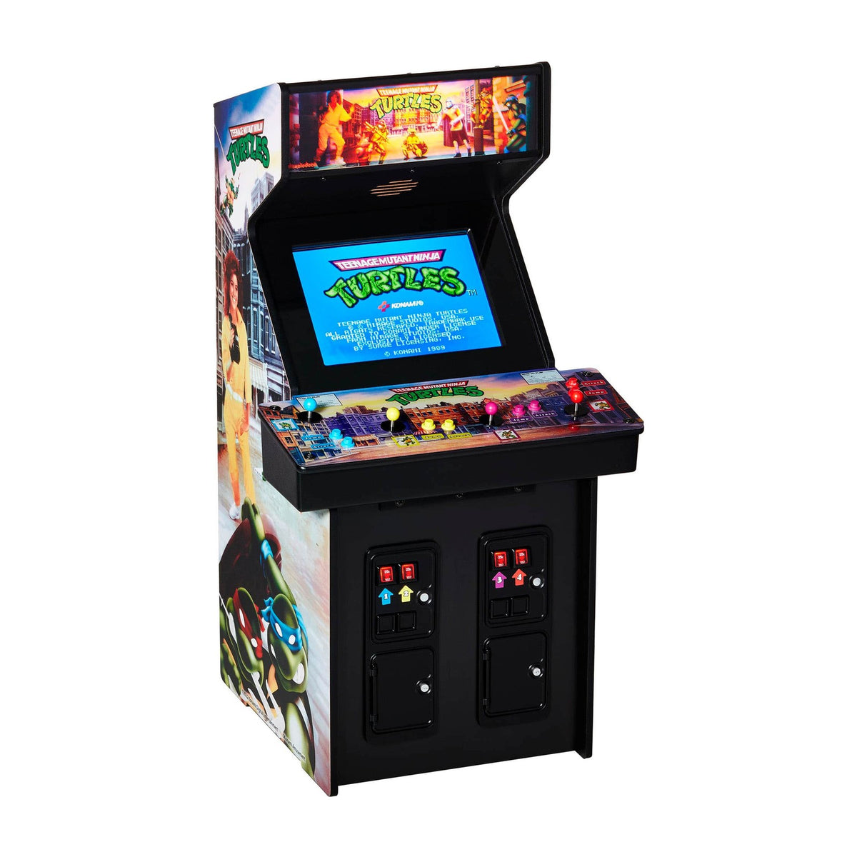 Numskull Quarter Arcades Teenage Mutant Ninja Turtles (1989) 1/4 Scale Arcade Cabinet, front view on a white background