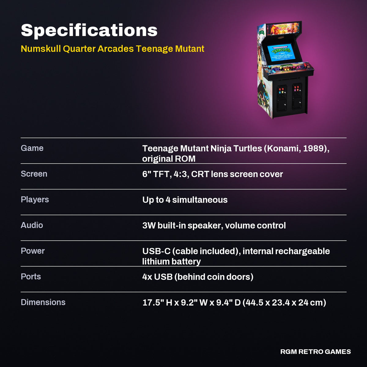 Numskull Quarter Arcades Teenage Mutant Ninja Turtles (1989) 1/4 Scale Arcade Cabinet specifications