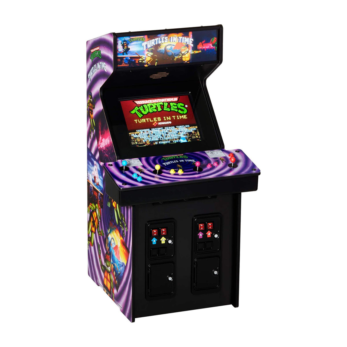 Numskull Quarter Arcades Teenage Mutant Ninja Turtles: Turtles in Time 1/4 Scale Arcade Cabinet, front view on a white background