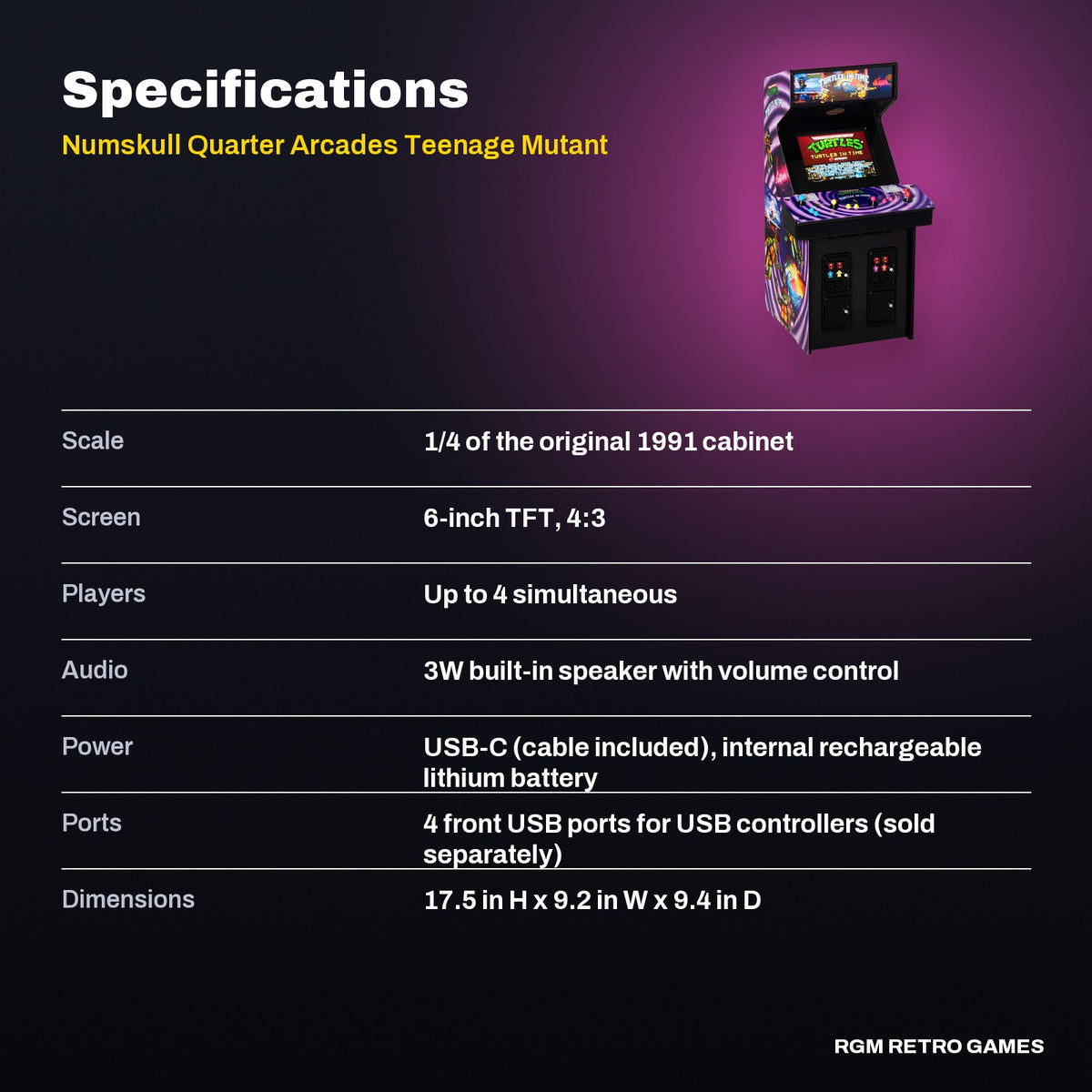 Numskull Quarter Arcades Teenage Mutant Ninja Turtles: Turtles in Time 1/4 Scale Arcade Cabinet specifications