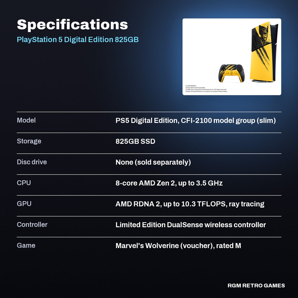 PlayStation 5 Digital Edition 825GB - Marvel's Wolverine Battle Yellow Limited Edition Bundle specifications