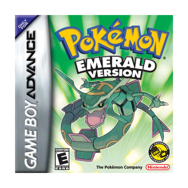 Pokémon Emerald Version for Game Boy Advance, front cover of the complete-in-box copy