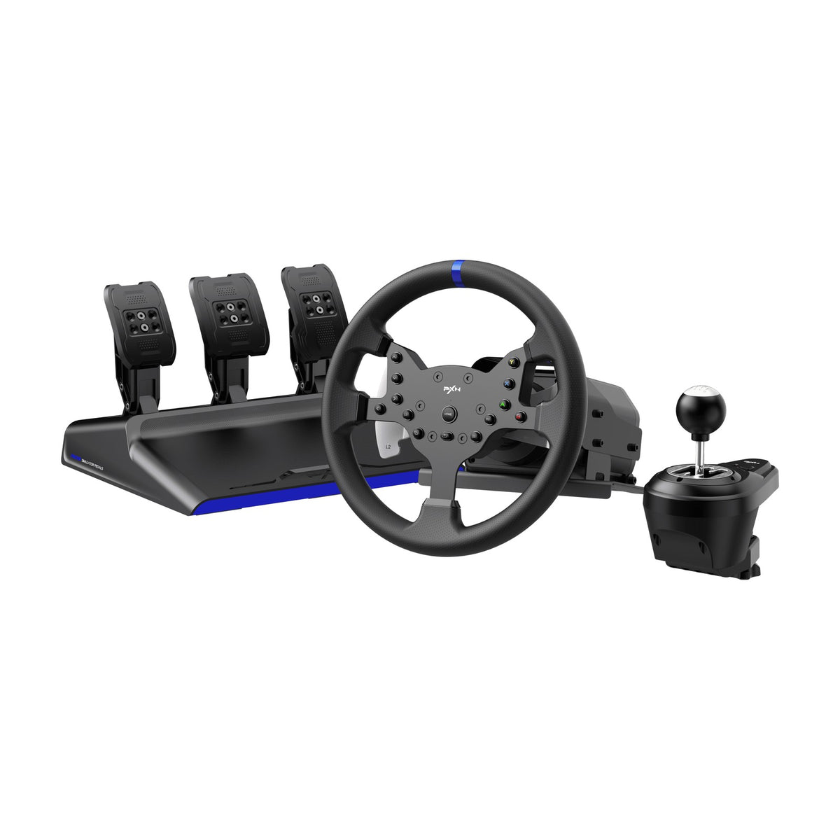 PXN V99 Force Feedback Racing Wheel with Pedals and Shifter, front view on a white background