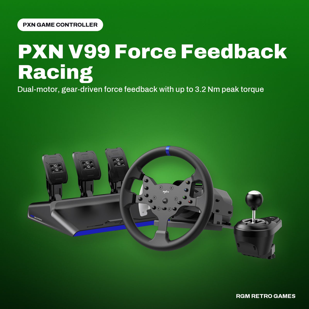PXN V99 Force Feedback Racing Wheel with Pedals and Shifter in a PXN color scene