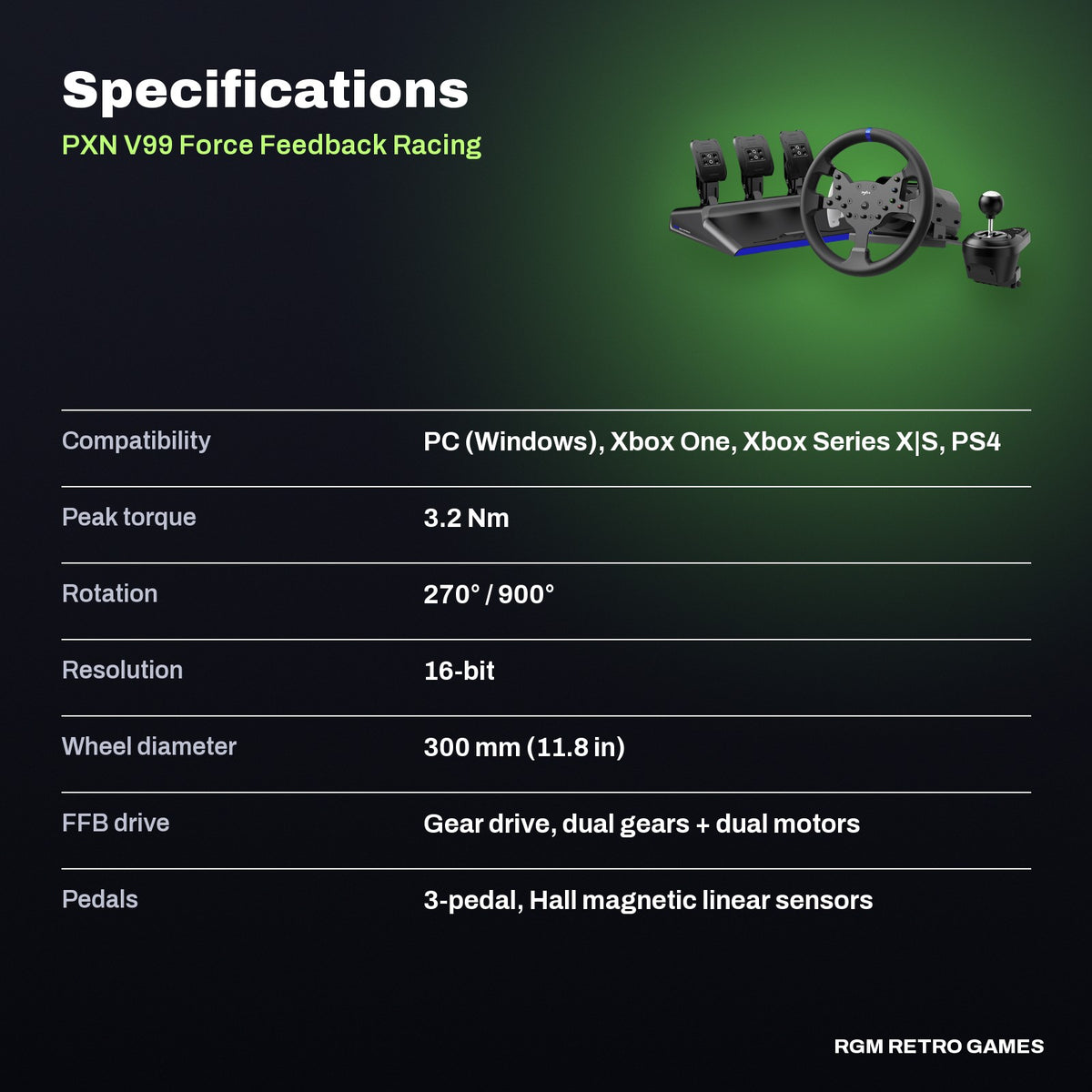 PXN V99 Force Feedback Racing Wheel with Pedals and Shifter specifications