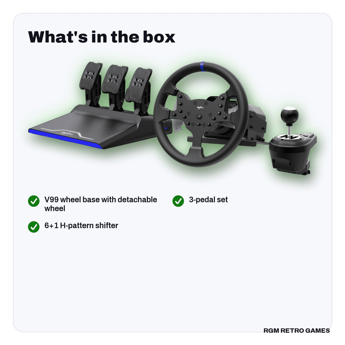 What's in the box with the PXN V99 Force Feedback Racing Wheel with Pedals and Shifter