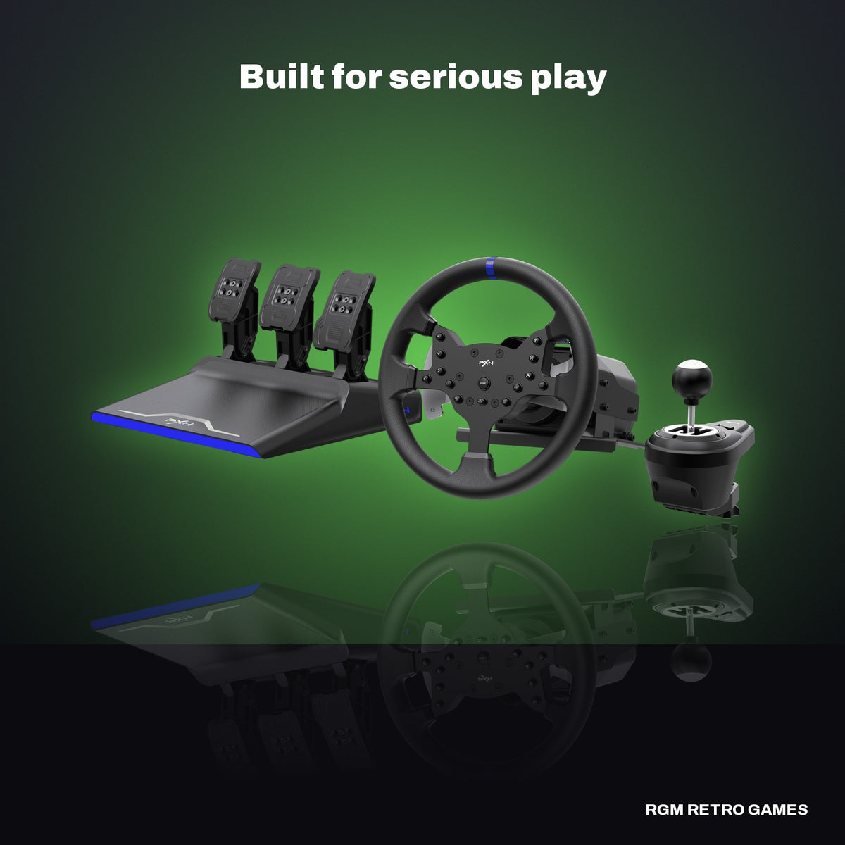 PXN V99 Force Feedback Racing Wheel with Pedals and Shifter in a dark studio setting