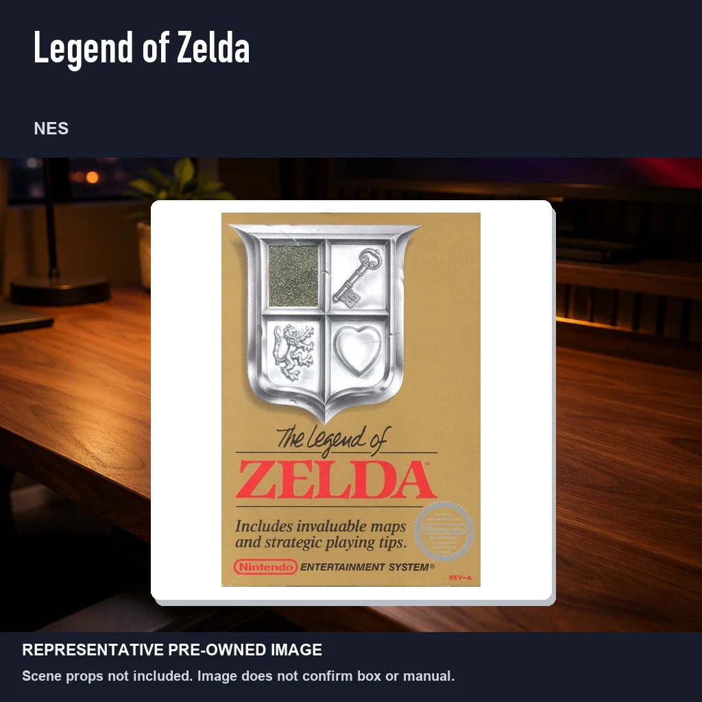 Representative pre-owned Legend of Zelda (NES), product image in a styled desk scene.