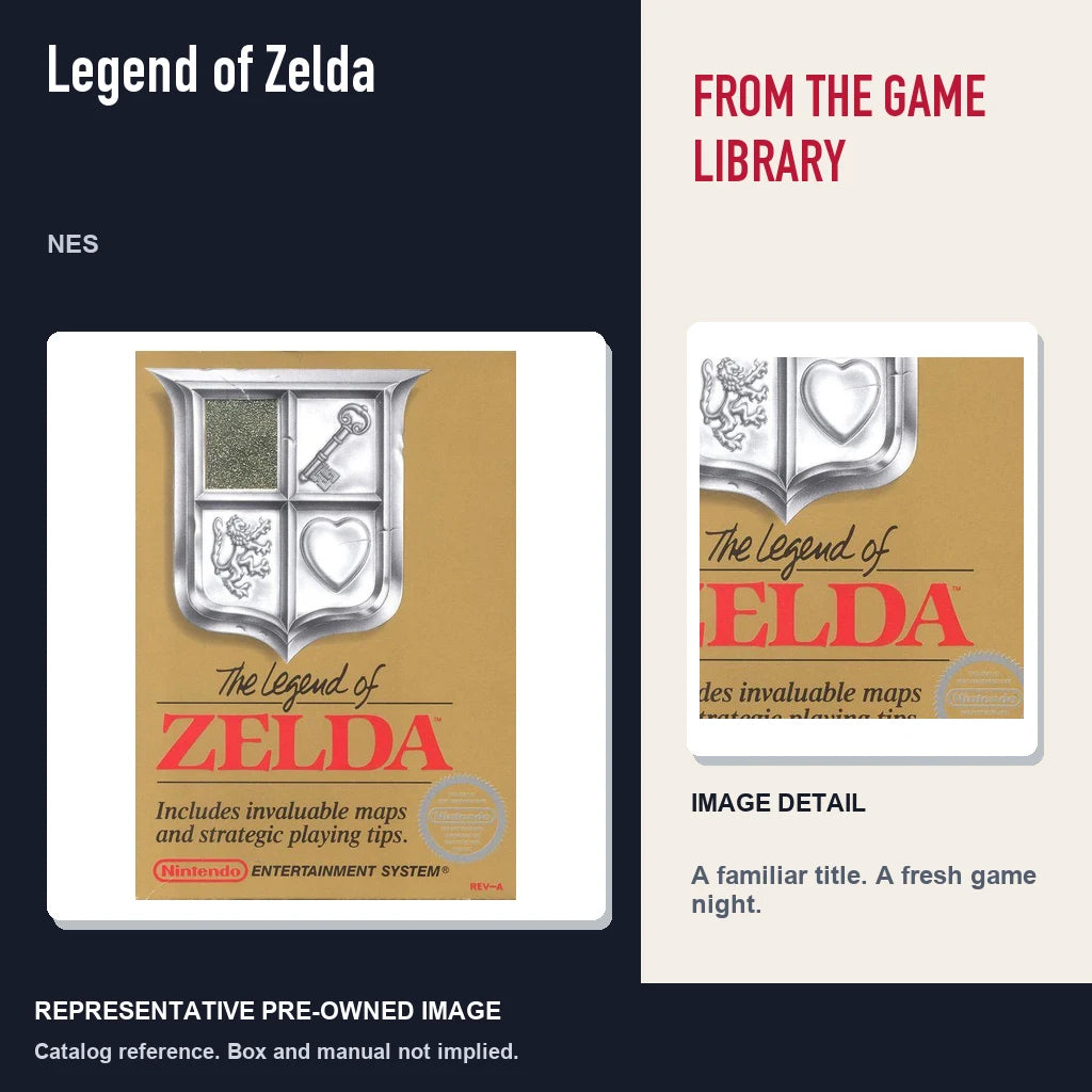 Representative pre-owned Legend of Zelda (NES), editorial image and detail.