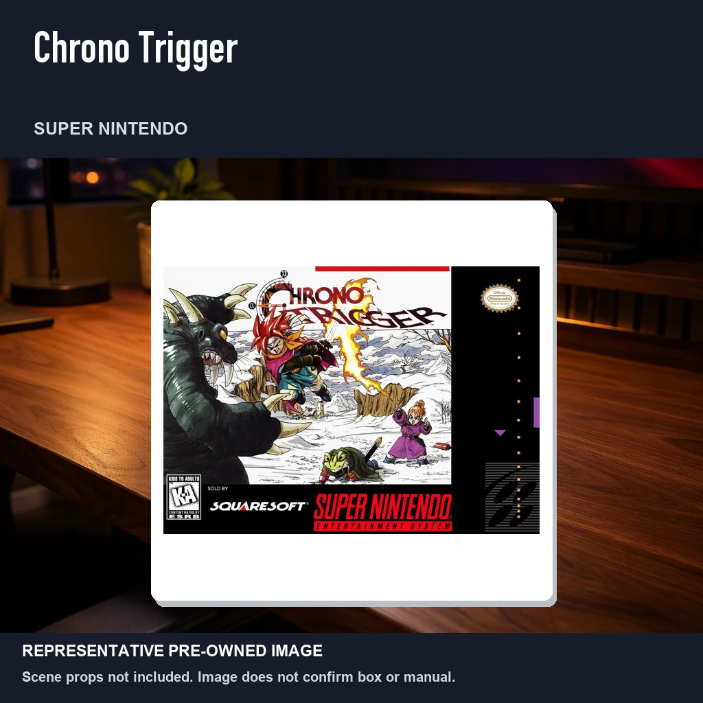 Representative pre-owned Chrono Trigger (Super Nintendo), product image in a styled desk scene.