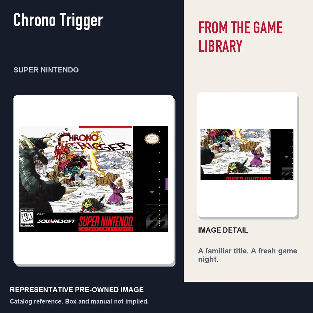 Representative pre-owned Chrono Trigger (Super Nintendo), editorial image and detail.