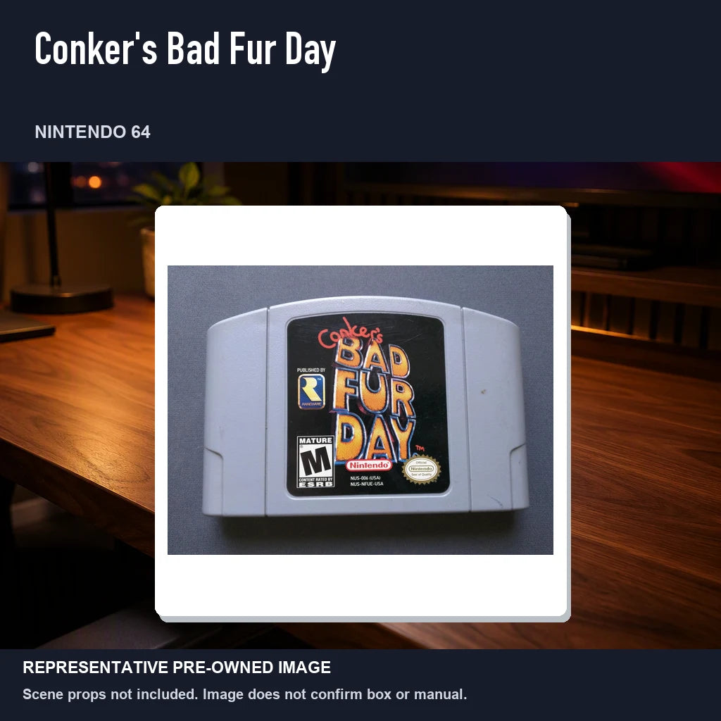 Representative pre-owned Conker's Bad Fur Day (Nintendo 64), product image in a styled desk scene.