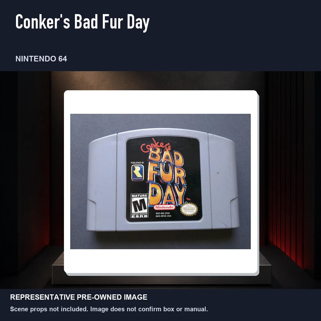 Representative pre-owned Conker's Bad Fur Day (Nintendo 64), product image on a display panel.