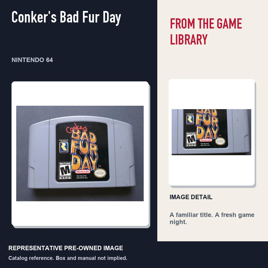 Representative pre-owned Conker's Bad Fur Day (Nintendo 64), editorial image and detail.