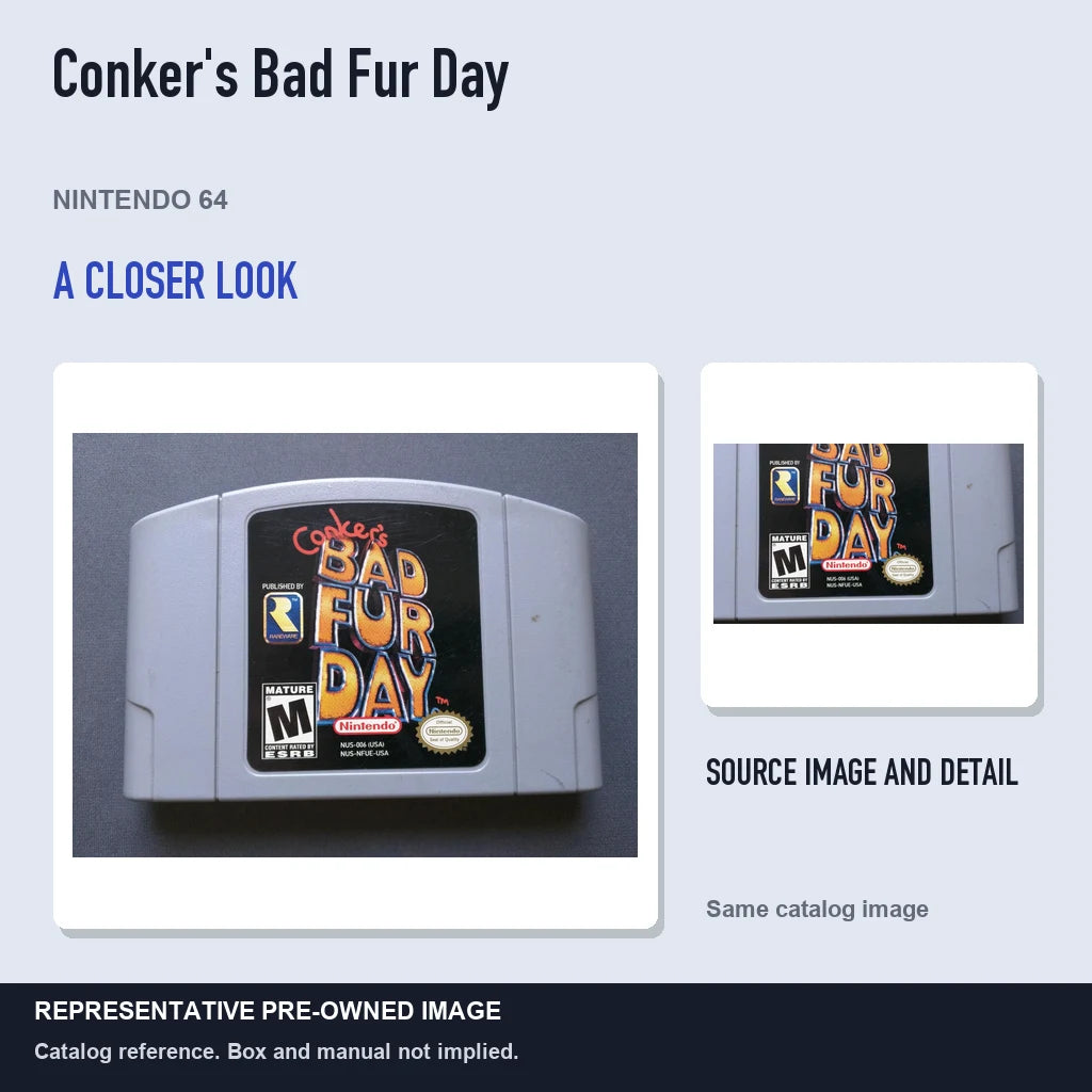Representative pre-owned Conker's Bad Fur Day (Nintendo 64), full image with detail inset.