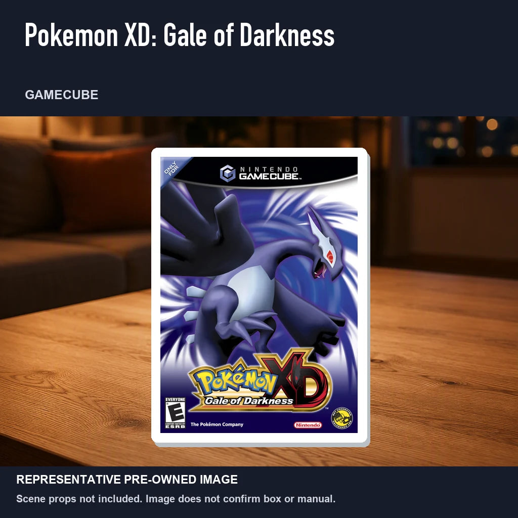 Representative pre-owned Pokemon XD: Gale of Darkness (GameCube), product image in a styled room scene.