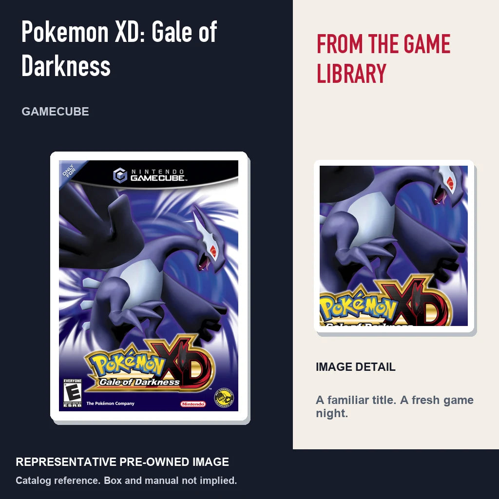 Representative pre-owned Pokemon XD: Gale of Darkness (GameCube), editorial image and detail.