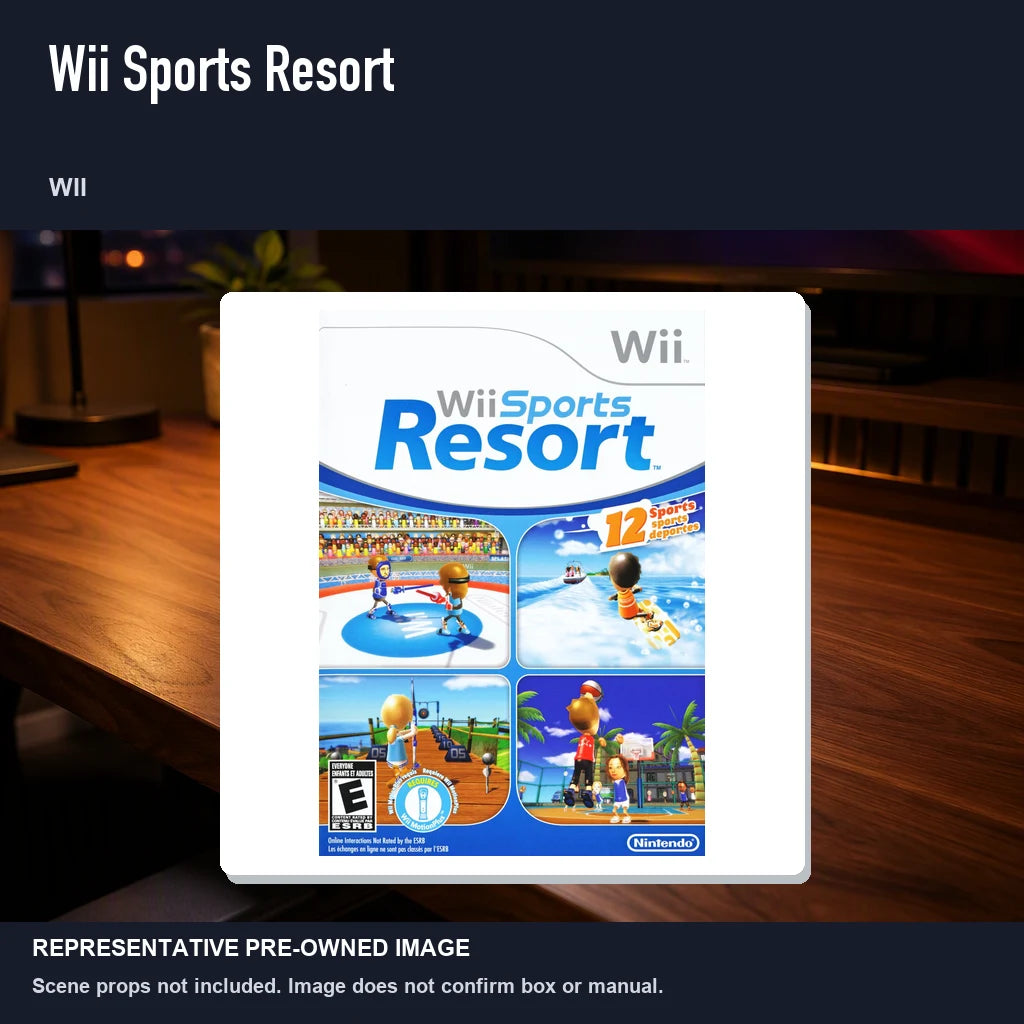Representative pre-owned Wii Sports Resort (Wii), product image in a styled desk scene.