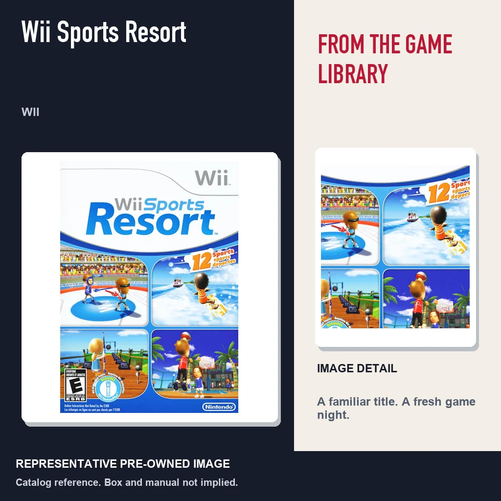 Representative pre-owned Wii Sports Resort (Wii), editorial image and detail.