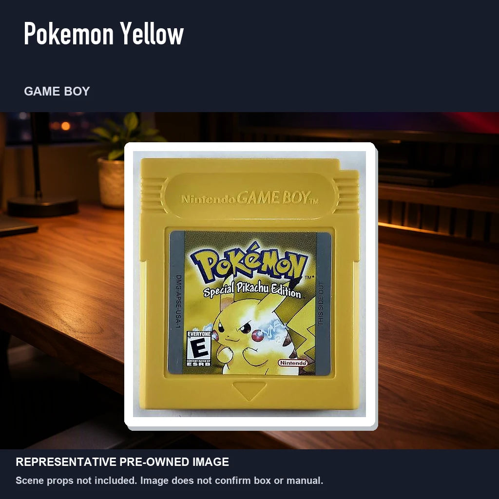 Representative pre-owned Pokemon Yellow (Game Boy), product image in a styled desk scene.
