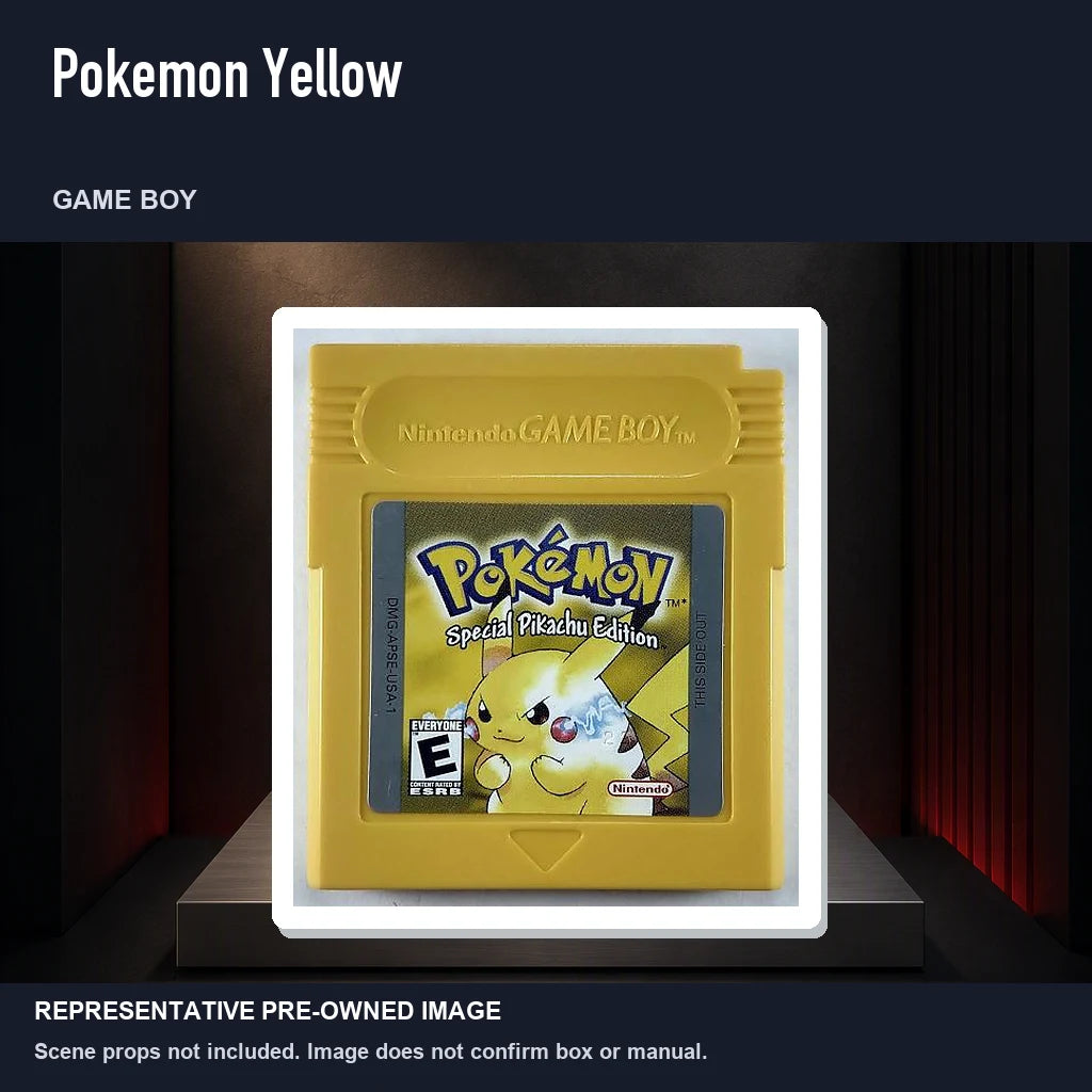 Representative pre-owned Pokemon Yellow (Game Boy), product image on a display panel.