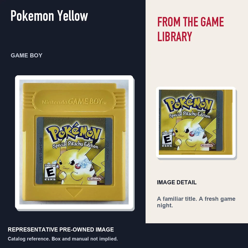 Representative pre-owned Pokemon Yellow (Game Boy), editorial image and detail.