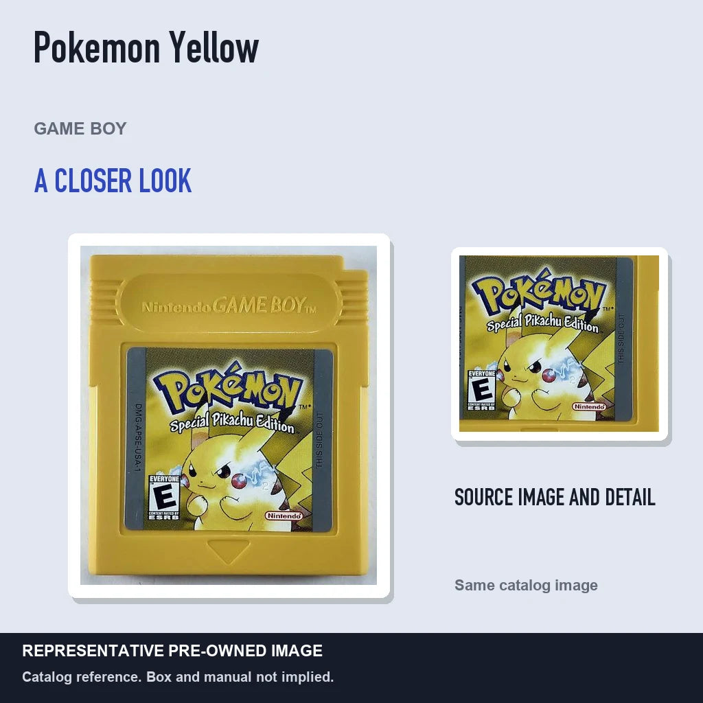 Representative pre-owned Pokemon Yellow (Game Boy), full image with detail inset.