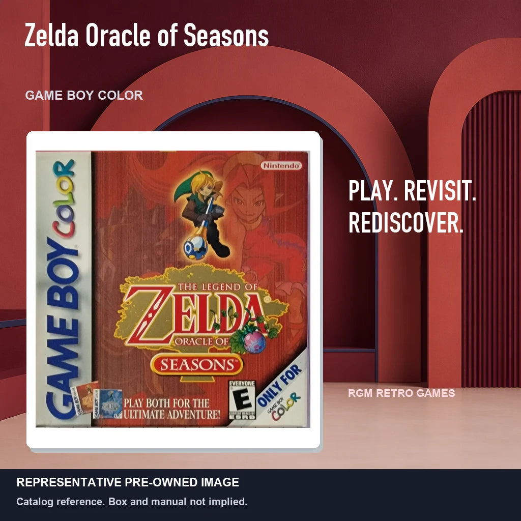 Representative pre-owned Zelda Oracle of Seasons (Game Boy Color), red retro product layout.