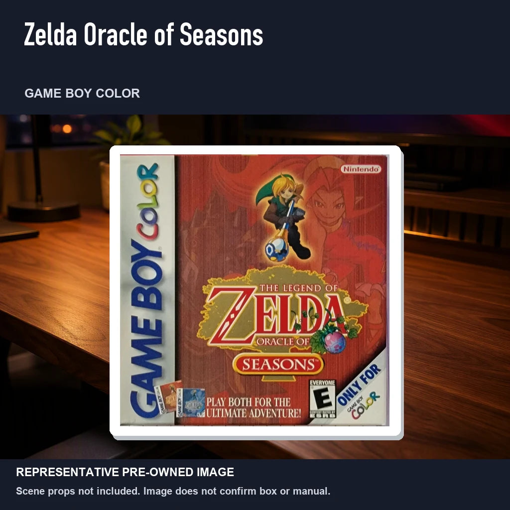 Representative pre-owned Zelda Oracle of Seasons (Game Boy Color), product image in a styled desk scene.