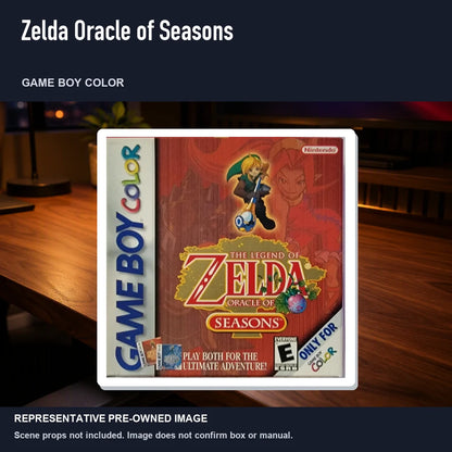 Representative pre-owned Zelda Oracle of Seasons (Game Boy Color), product image in a styled desk scene.