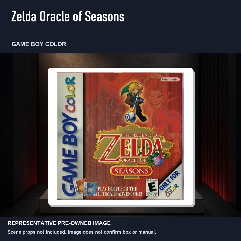 Representative pre-owned Zelda Oracle of Seasons (Game Boy Color), product image on a display panel.