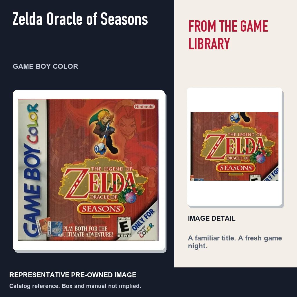 Representative pre-owned Zelda Oracle of Seasons (Game Boy Color), editorial image and detail.