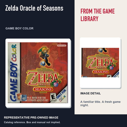 Representative pre-owned Zelda Oracle of Seasons (Game Boy Color), editorial image and detail.