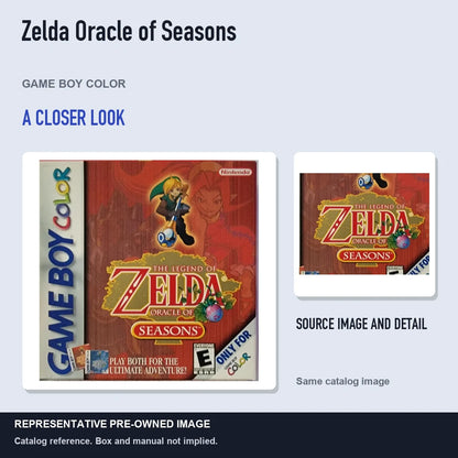 Representative pre-owned Zelda Oracle of Seasons (Game Boy Color), full image with detail inset.