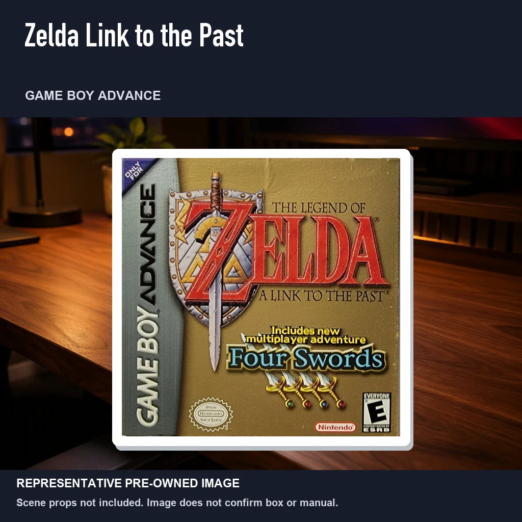 Representative pre-owned Zelda Link to the Past (Game Boy Advance), product image in a styled desk scene.