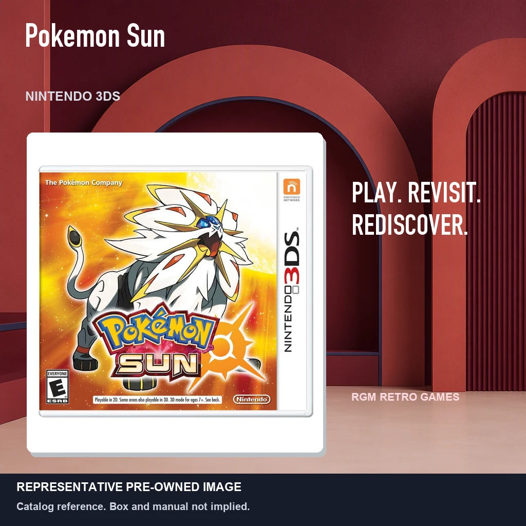 Representative pre-owned Pokemon Sun (Nintendo 3DS), red retro product layout.