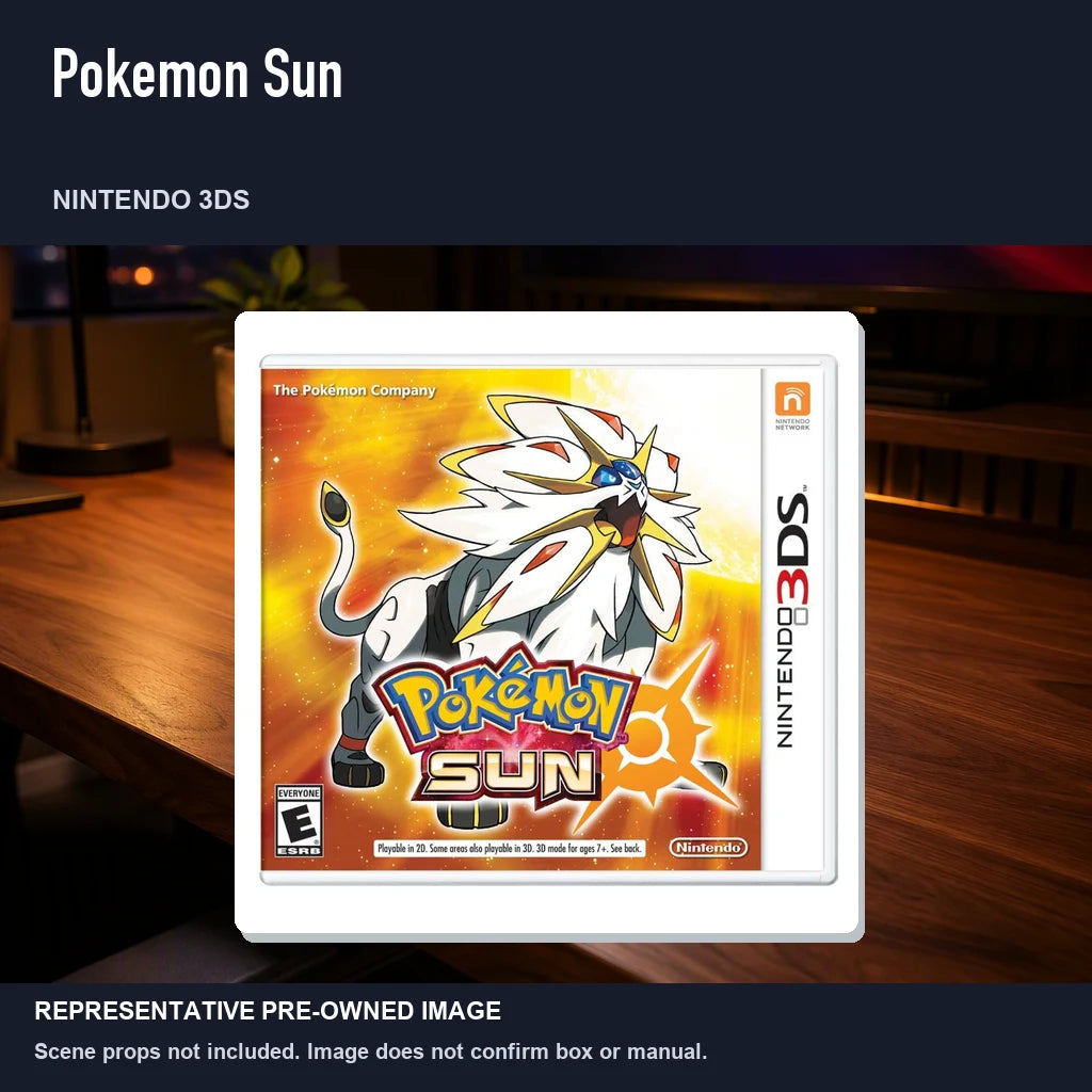 Representative pre-owned Pokemon Sun (Nintendo 3DS), product image in a styled desk scene.