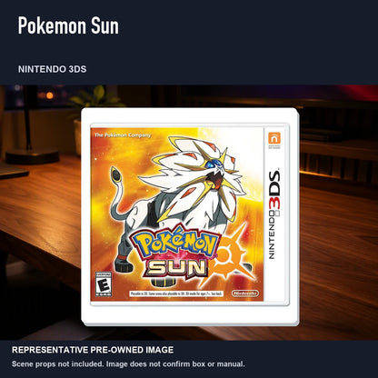 Representative pre-owned Pokemon Sun (Nintendo 3DS), product image in a styled desk scene.