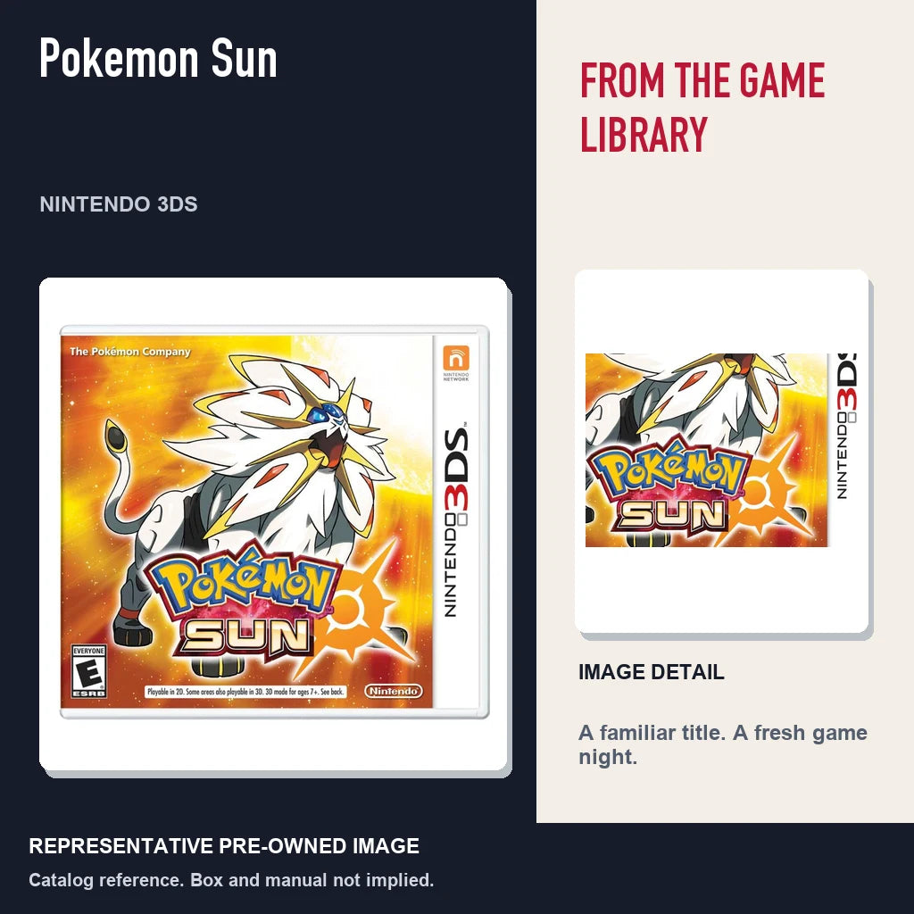 Representative pre-owned Pokemon Sun (Nintendo 3DS), editorial image and detail.