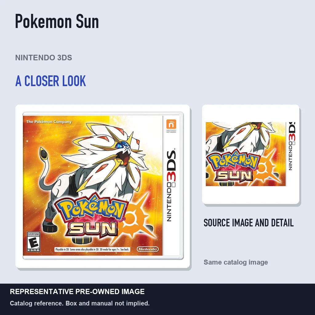 Representative pre-owned Pokemon Sun (Nintendo 3DS), full image with detail inset.