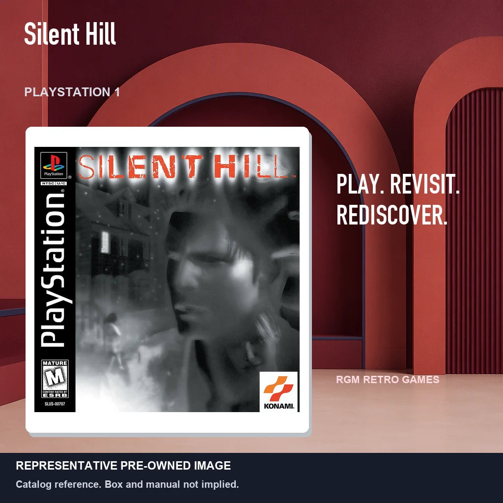 Representative pre-owned Silent Hill (PlayStation 1), red retro product layout.