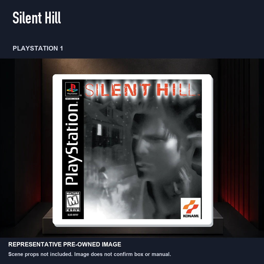 Representative pre-owned Silent Hill (PlayStation 1), product image on a display panel.