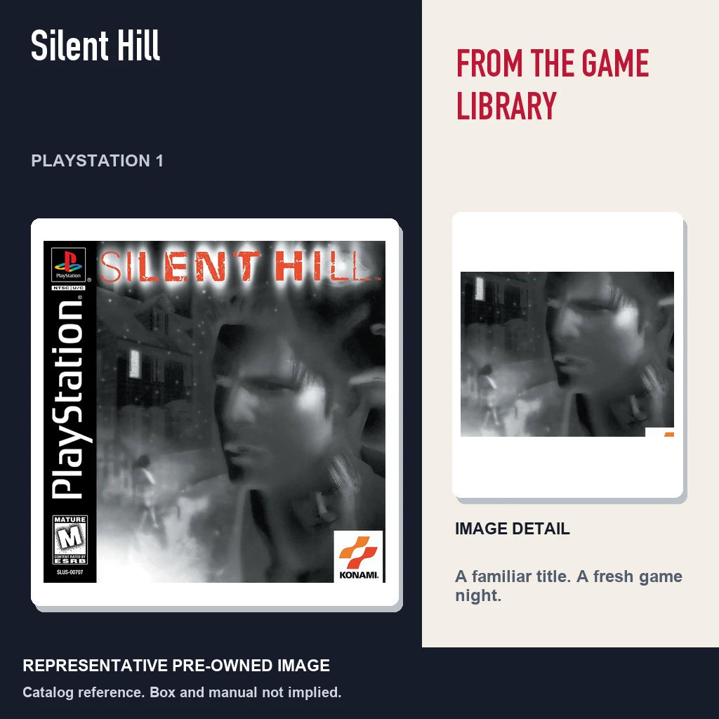 Representative pre-owned Silent Hill (PlayStation 1), editorial image and detail.
