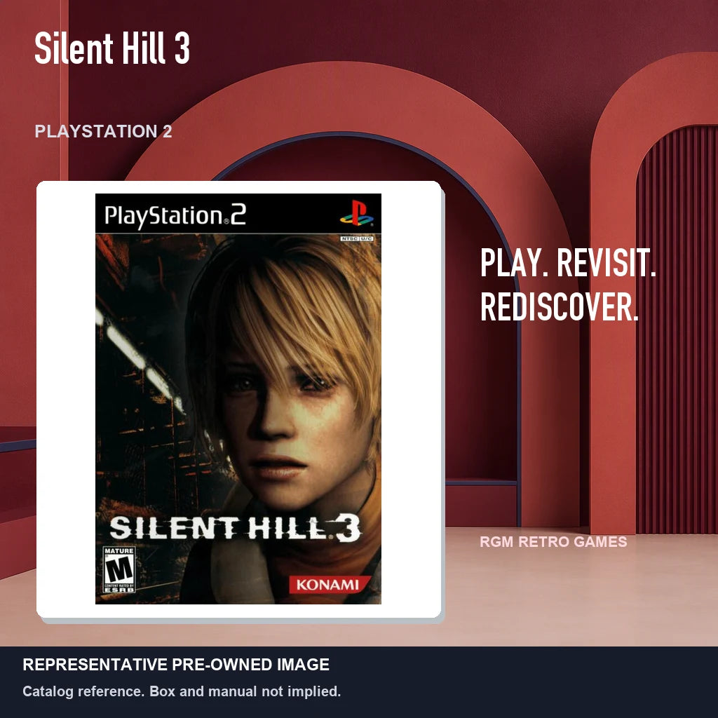 Representative pre-owned Silent Hill 3 (PlayStation 2), red retro product layout.