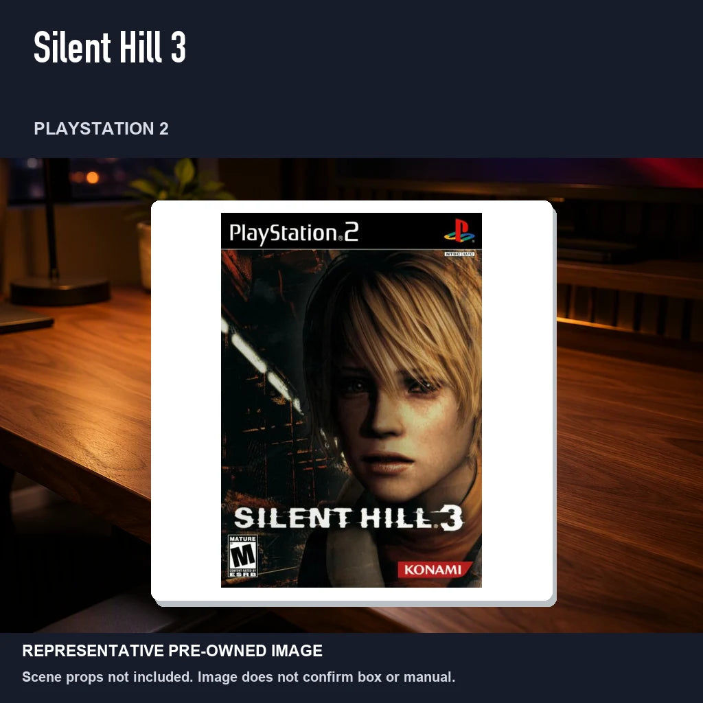 Representative pre-owned Silent Hill 3 (PlayStation 2), product image in a styled desk scene.